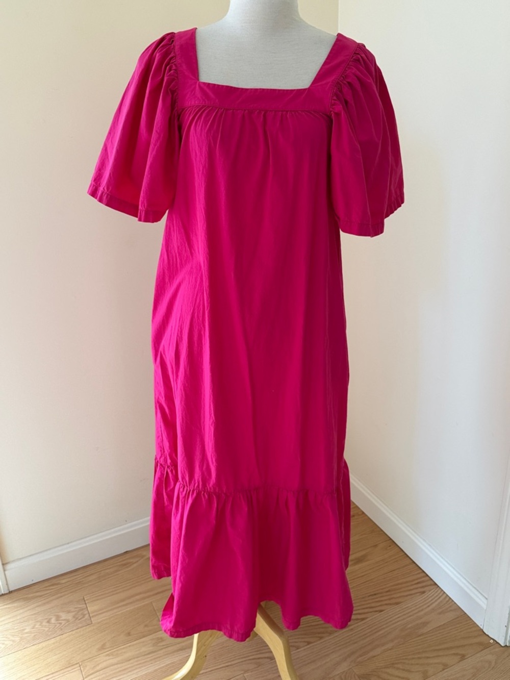 Beaumont organic XS Fuchsia Square-Neck Puff Sleeve cotton Midi pocket Dress